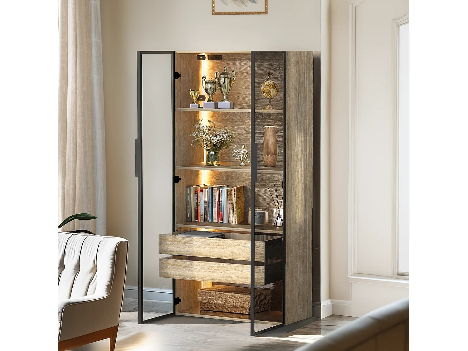 Meuble de salle de bain avec 2 portes, 2 grands tiroirs, LED intégré, MDF, bois clair, 73x36x155 cm