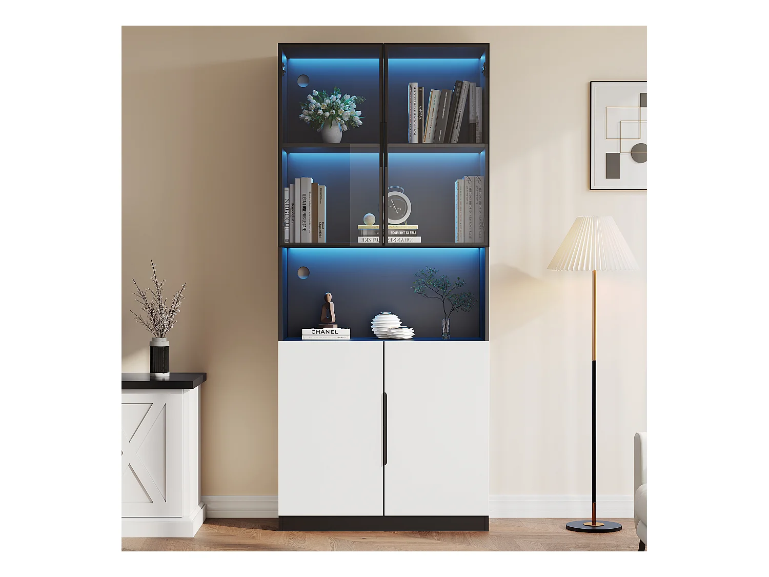 Vitrine LED avec 4 portes et étagères réglables, MDF, Blanc et Noir (160x30x200 cm)