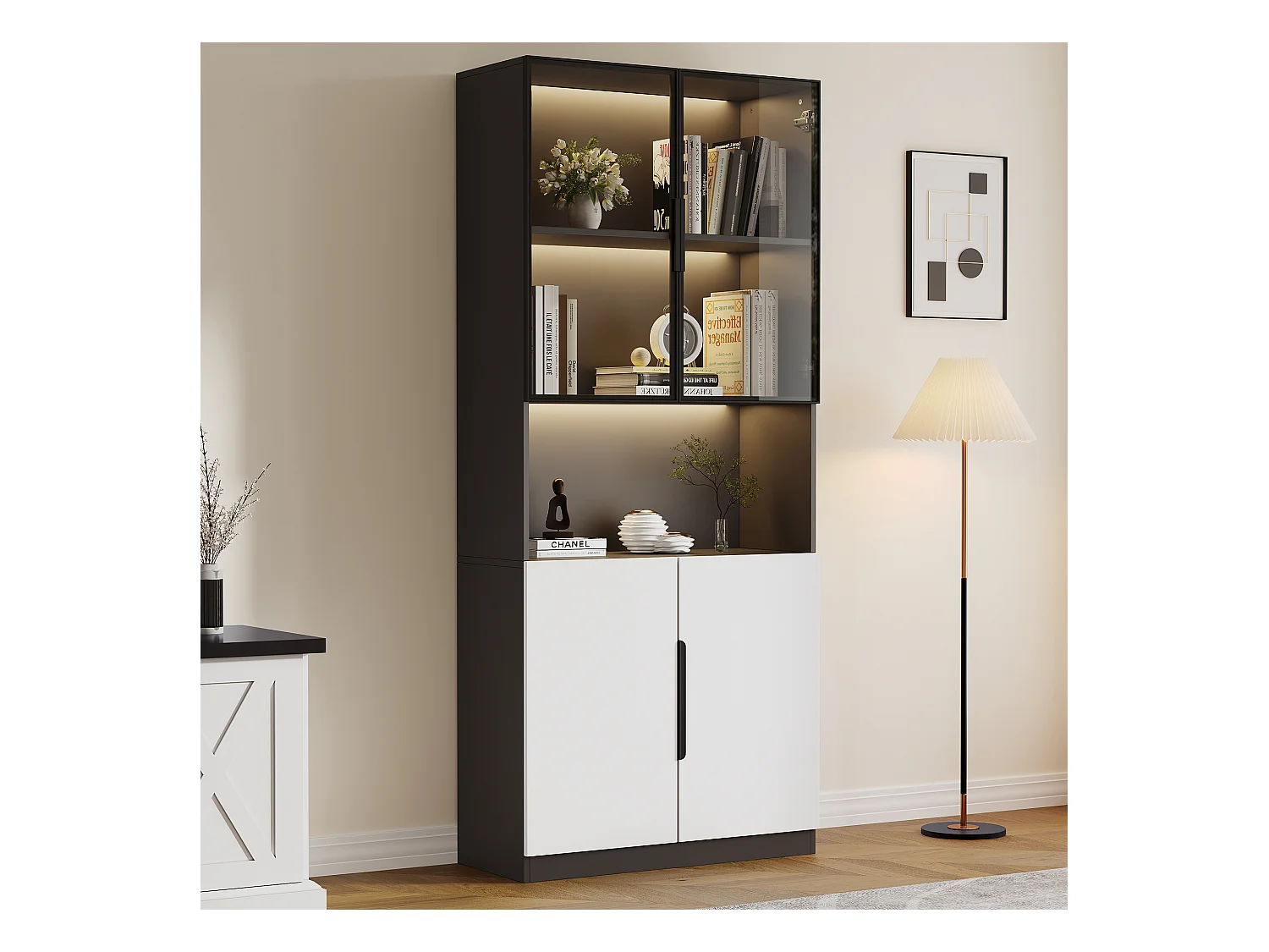 Vitrine LED avec 4 portes et étagères réglables, MDF, Blanc et Noir (160x30x200 cm)