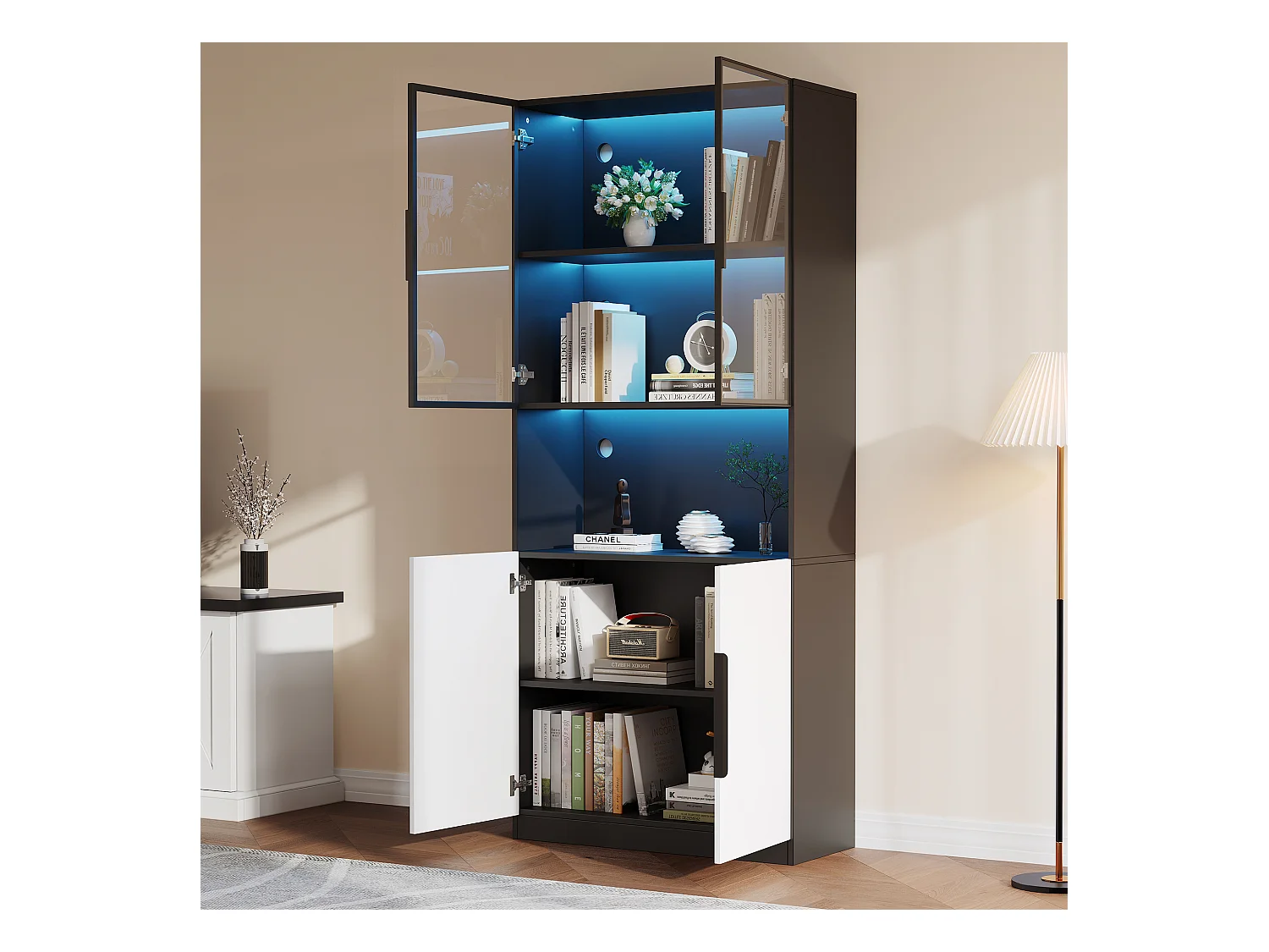 Vitrine LED avec 4 portes et étagères réglables, MDF, Blanc et Noir (160x30x200 cm)