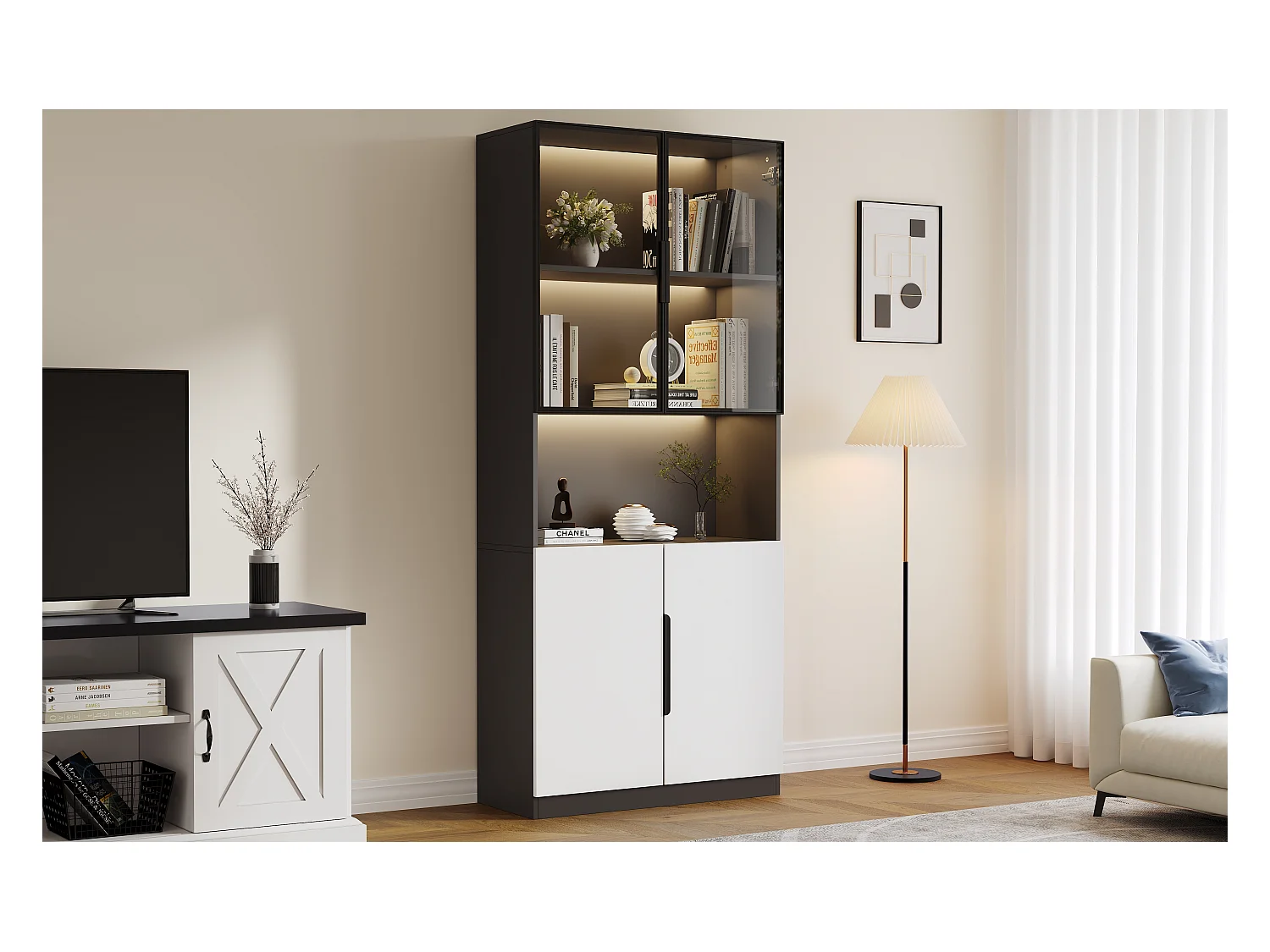 Vitrine LED avec 4 portes et étagères réglables, MDF, Blanc et Noir (160x30x200 cm)