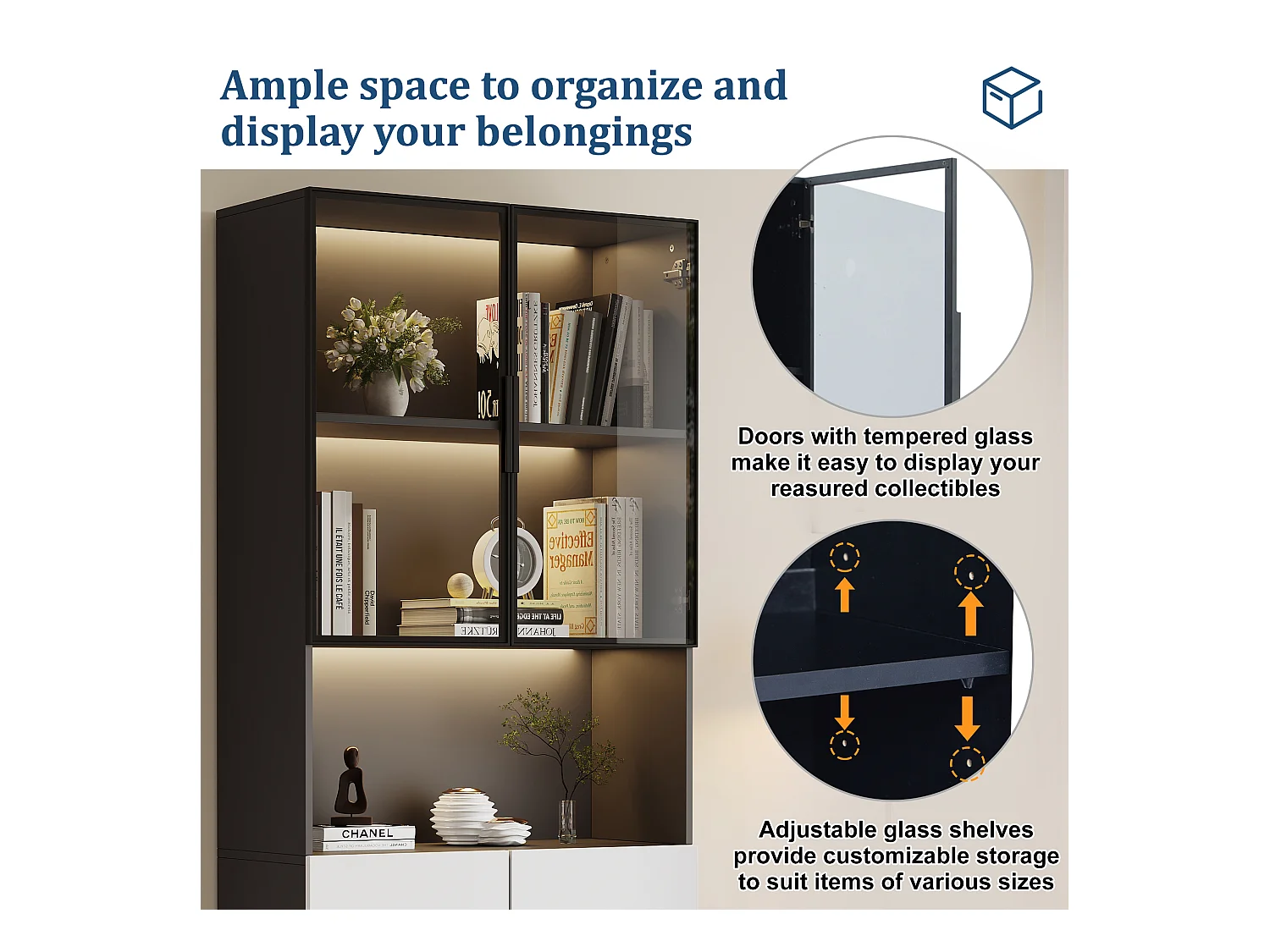 Vitrine LED avec 4 portes et étagères réglables, MDF, Blanc et Noir (160x30x200 cm)