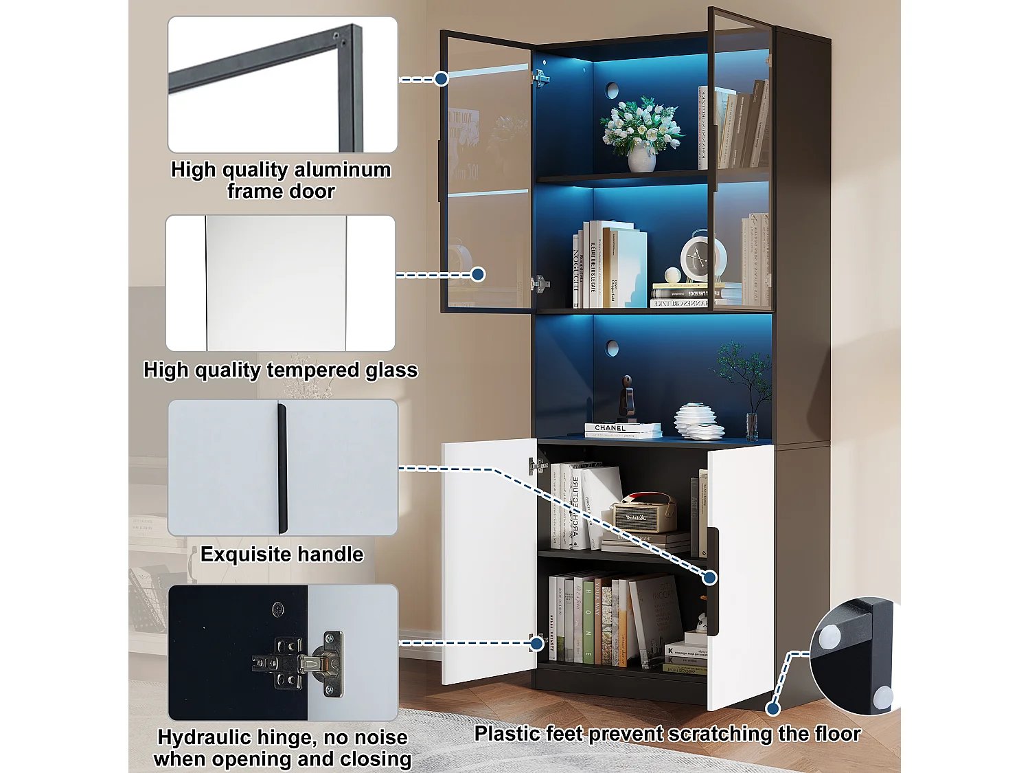 Vitrina LED con 4 puertas y estantes regulables, MDF, Blanco y Negro (160x30x200 cm)