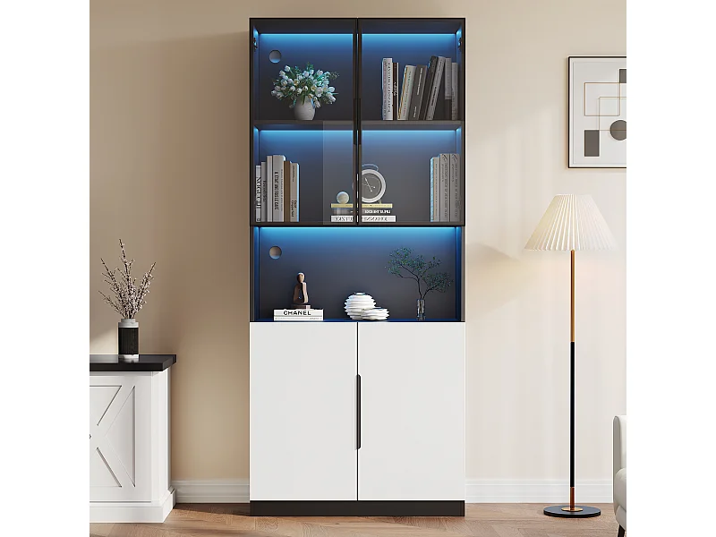 LED-vitrine met 4 deuren en verstelbare planken, MDF, wit en zwart (160x30x200 cm)