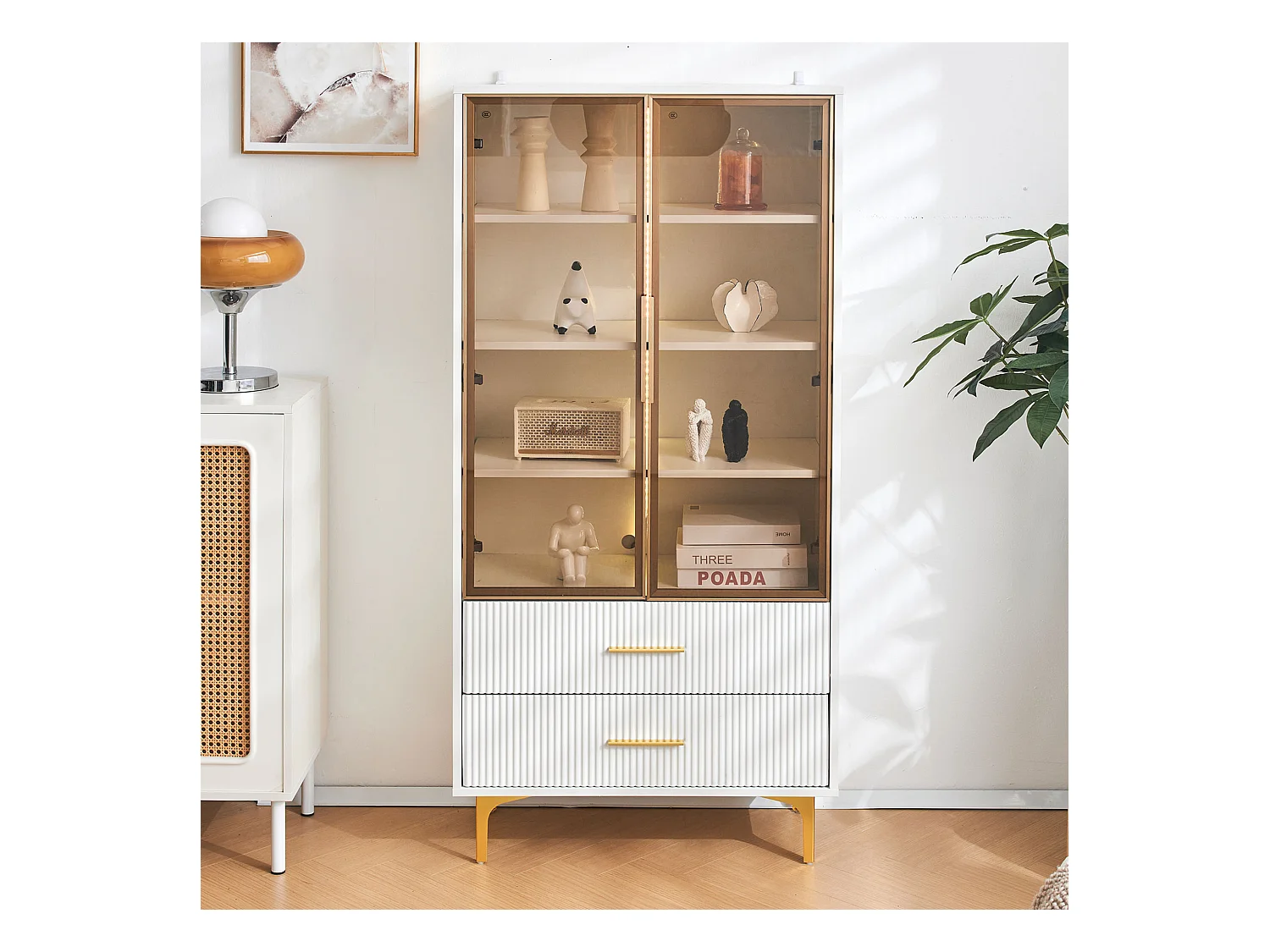 Vitrine en Verre avec LED, 2 Portes, Étagères Réglables, MDF, Blanc, (70x35x150 cm)