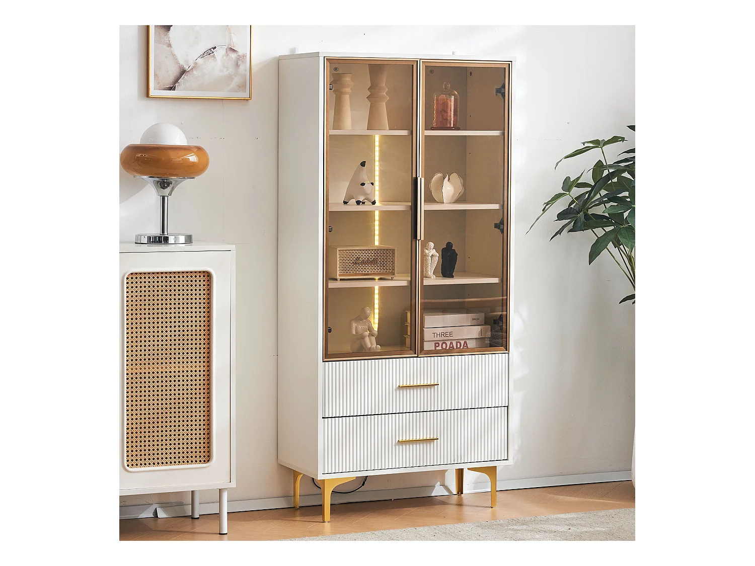 Vitrine en Verre avec LED, 2 Portes, Étagères Réglables, MDF, Blanc, (70x35x150 cm)