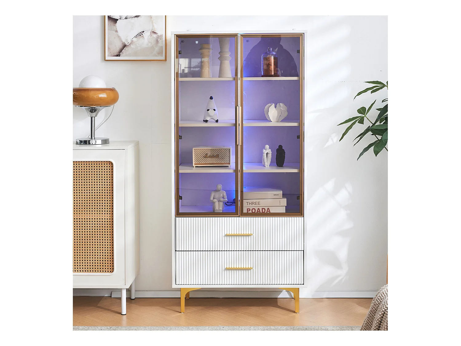 Vitrine en Verre avec LED, 2 Portes, Étagères Réglables, MDF, Blanc, (70x35x150 cm)