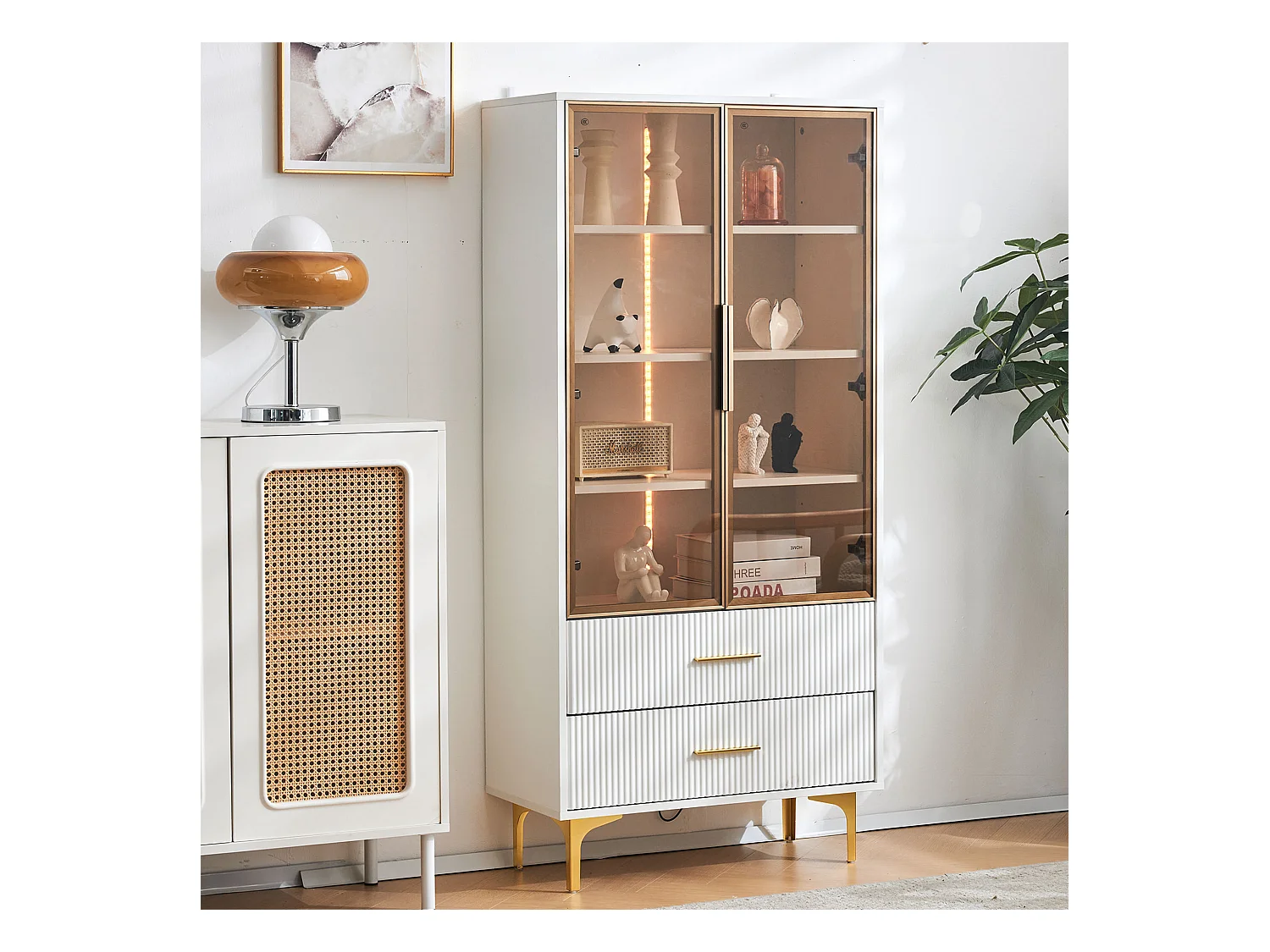 Vitrine en Verre avec LED, 2 Portes, Étagères Réglables, MDF, Blanc, (70x35x150 cm)