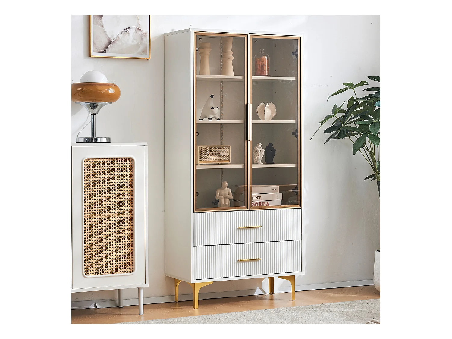 Vitrine en Verre avec LED, 2 Portes, Étagères Réglables, MDF, Blanc, (70x35x150 cm)