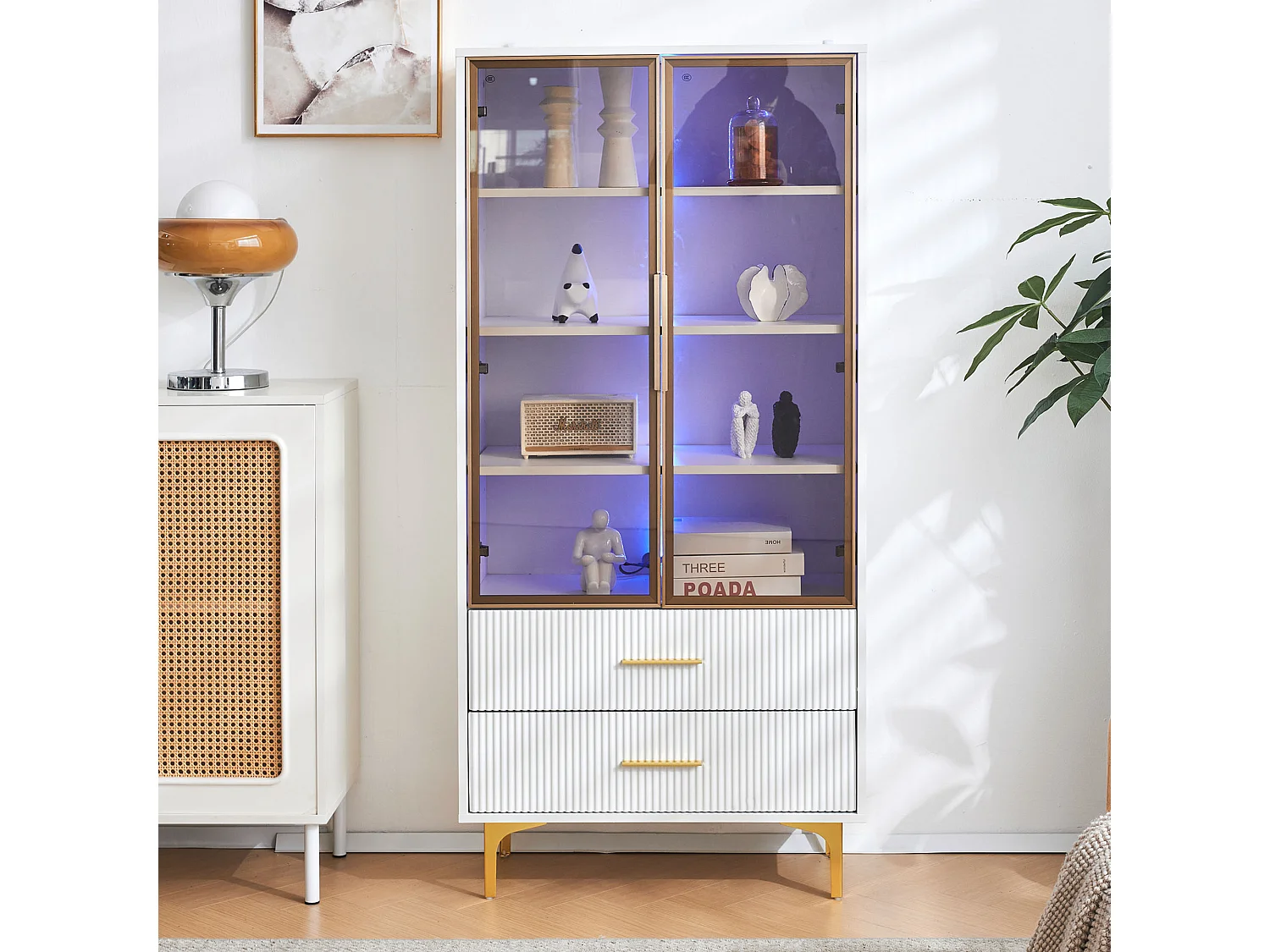 Vitrinekast met LED, 2 deuren, verstelbare planken, MDF, wit, (70x35x150 cm)