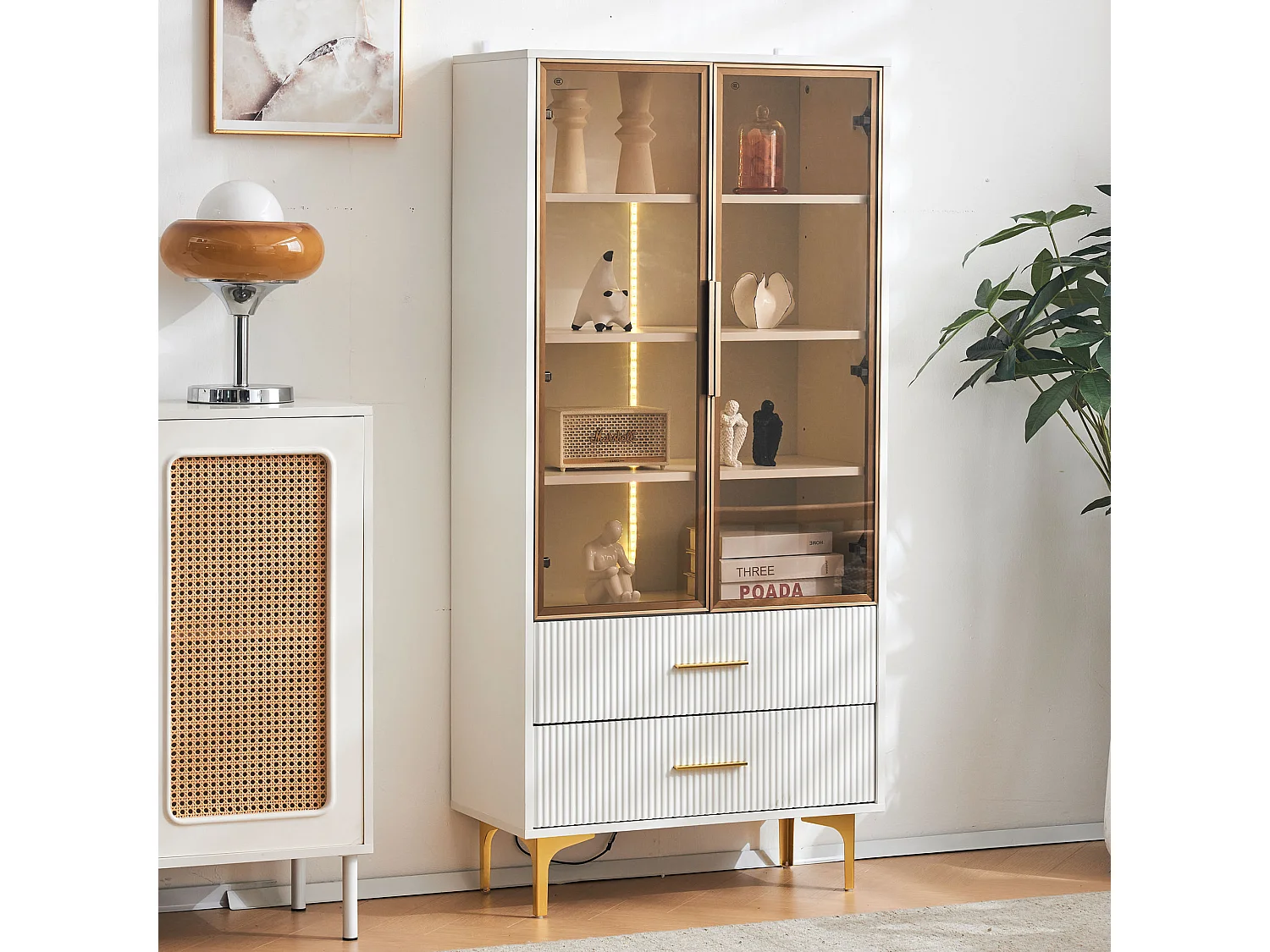 Vitrinekast met LED, 2 deuren, verstelbare planken, MDF, wit, (70x35x150 cm)