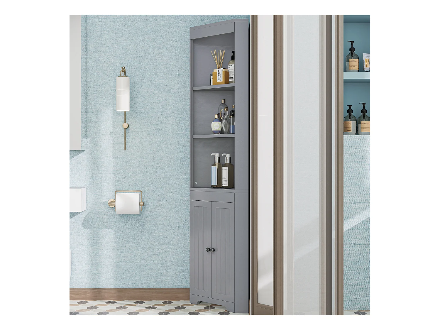 Armoire de salle de bain avec portes en verre trempé et étagères réglables, 3 espaces ouverts, MDF peint, gris (49.5x35x170 cm)