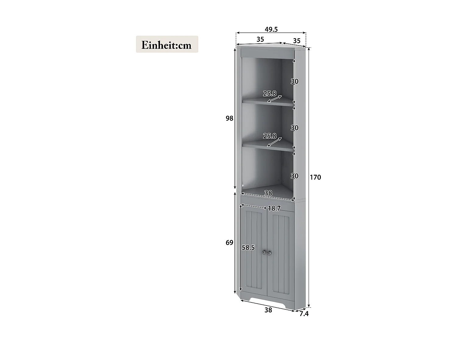 Armoire de salle de bain avec portes en verre trempé et étagères réglables, 3 espaces ouverts, MDF peint, gris (49.5x35x170 cm)