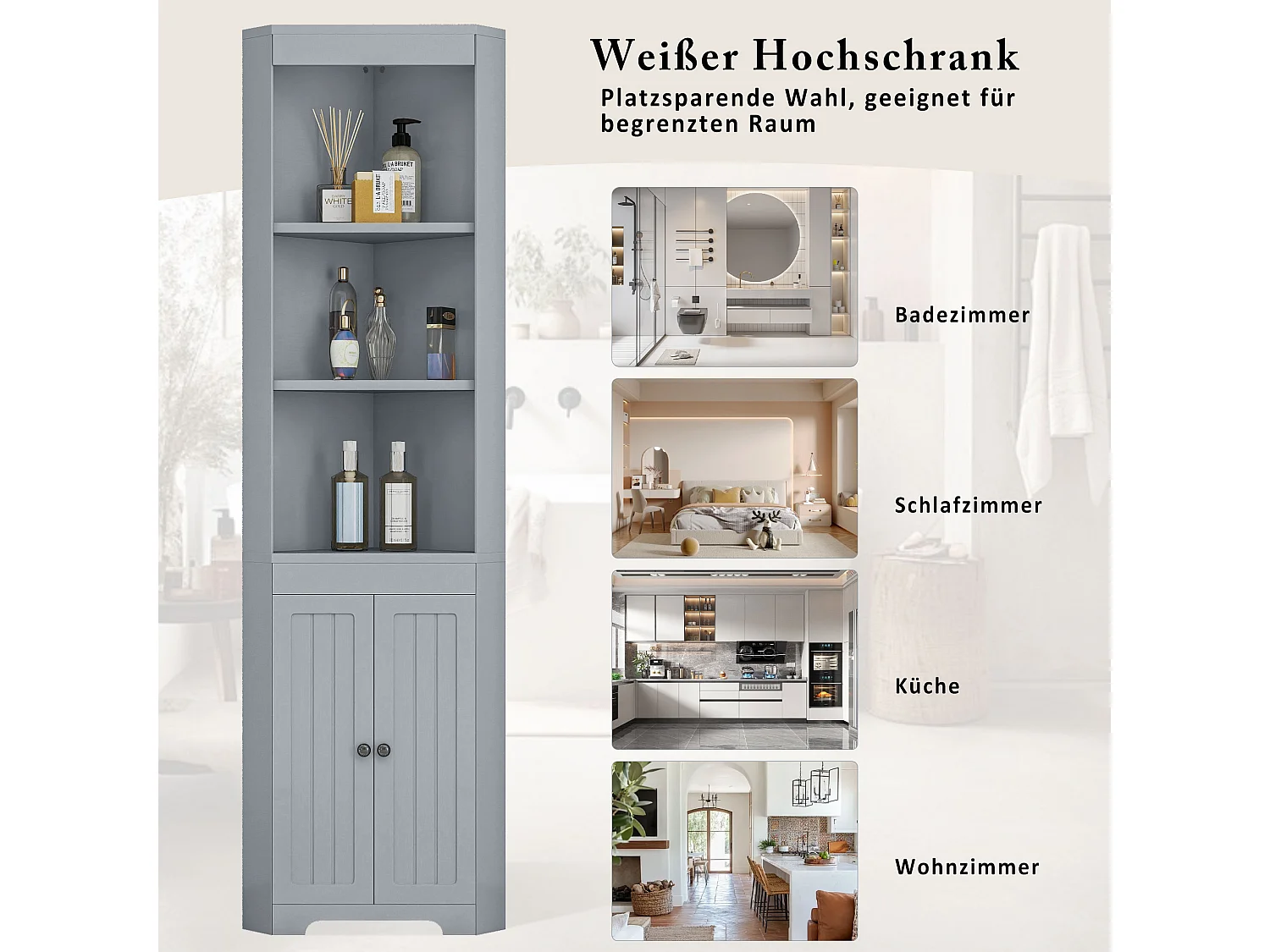 Armoire de salle de bain avec portes en verre trempé et étagères réglables, 3 espaces ouverts, MDF peint, gris (49.5x35x170 cm)