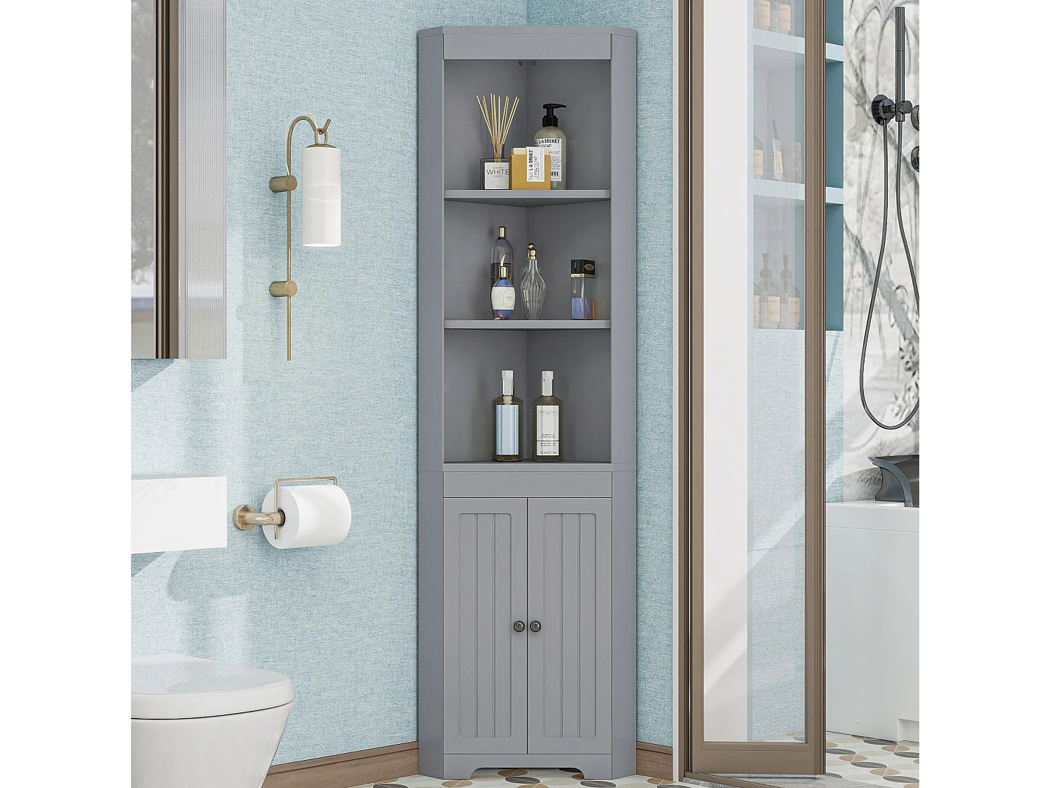 Armoire de salle de bain avec portes en verre trempé et étagères réglables, 3 espaces ouverts, MDF peint, gris (49.5x35x170 cm)