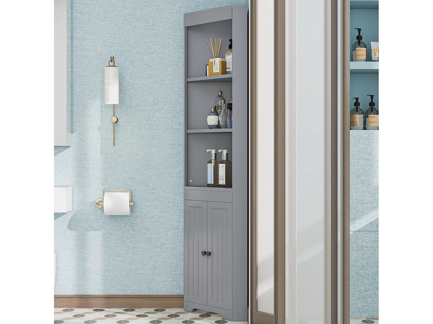 Armoire de salle de bain avec portes en verre trempé et étagères réglables, 3 espaces ouverts, MDF peint, gris (49.5x35x170 cm)