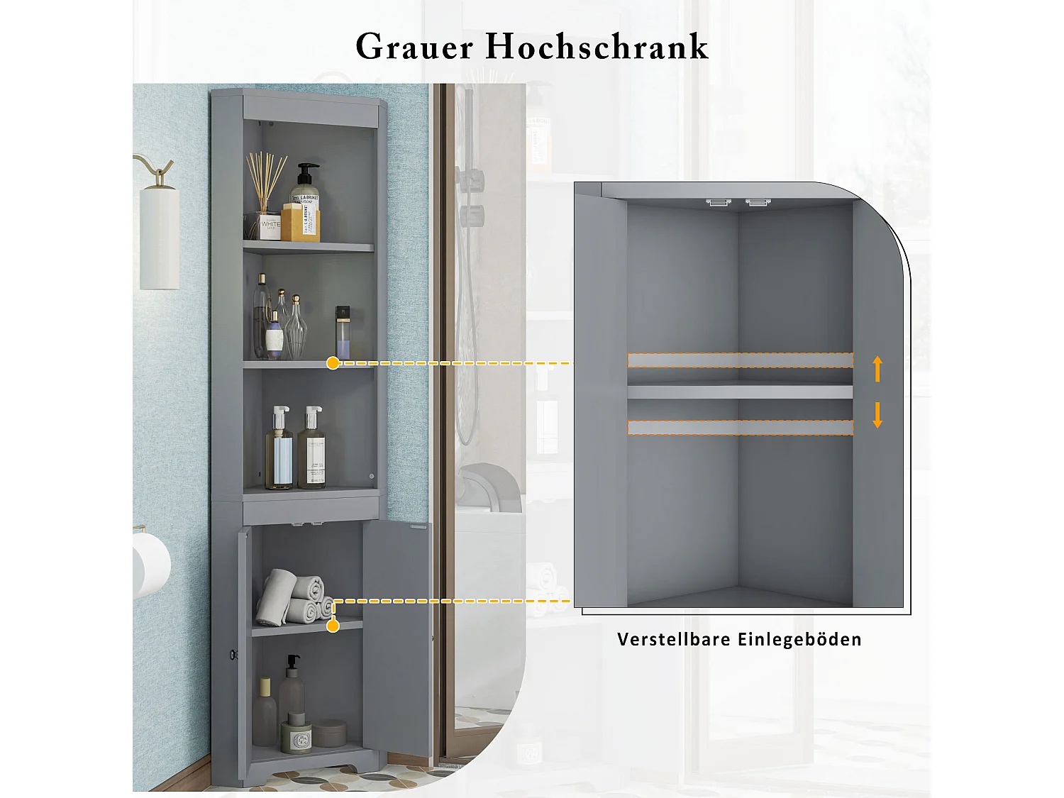 Armoire de salle de bain avec portes en verre trempé et étagères réglables, 3 espaces ouverts, MDF peint, gris (49.5x35x170 cm)