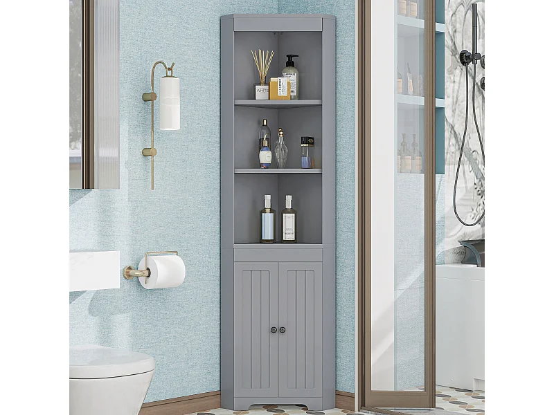 Armoire de salle de bain avec portes en verre trempé et étagères réglables, 3 espaces ouverts, MDF peint, gris (49.5x35x170 cm)