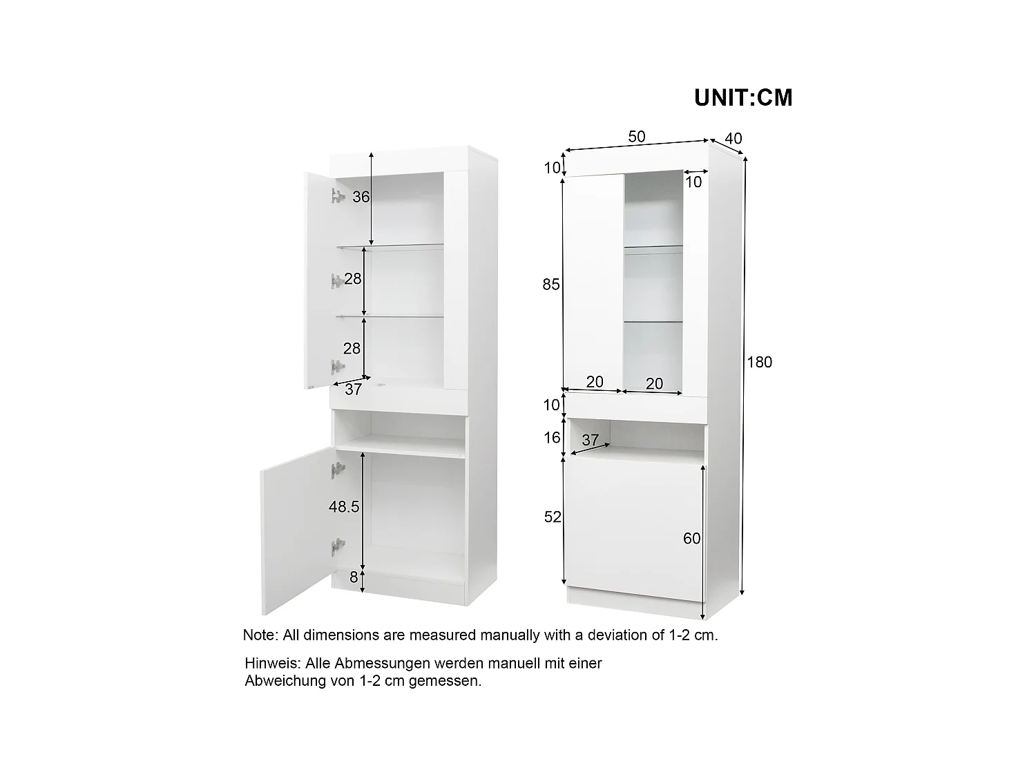 Vitrine LED avec 16 couleurs, design moderne, panneau de particules, blanc (50x40x180 cm)