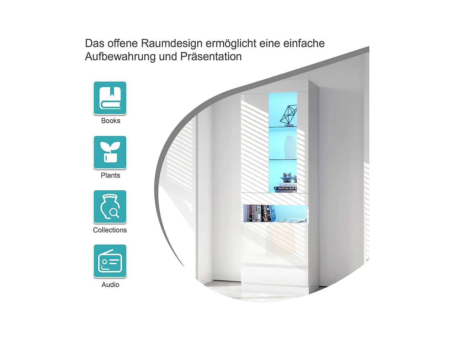 Vitrine LED avec 16 couleurs, design moderne, panneau de particules, blanc (50x40x180 cm)