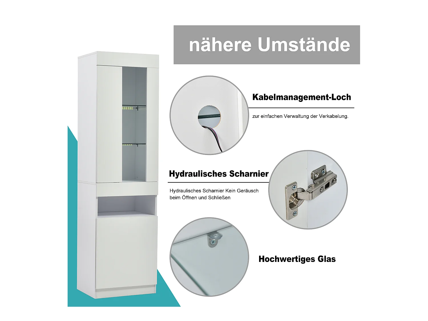 Vitrine LED avec 16 couleurs, design moderne, panneau de particules, blanc (50x40x180 cm)