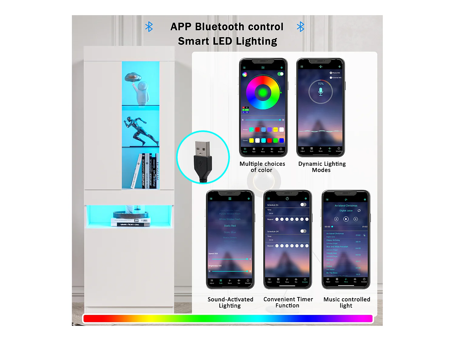 Vitrine LED avec 16 couleurs, design moderne, panneau de particules, blanc (50x40x180 cm)