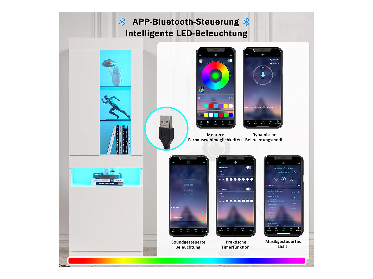 Vitrine LED avec 16 couleurs, design moderne, panneau de particules, blanc (50x40x180 cm)