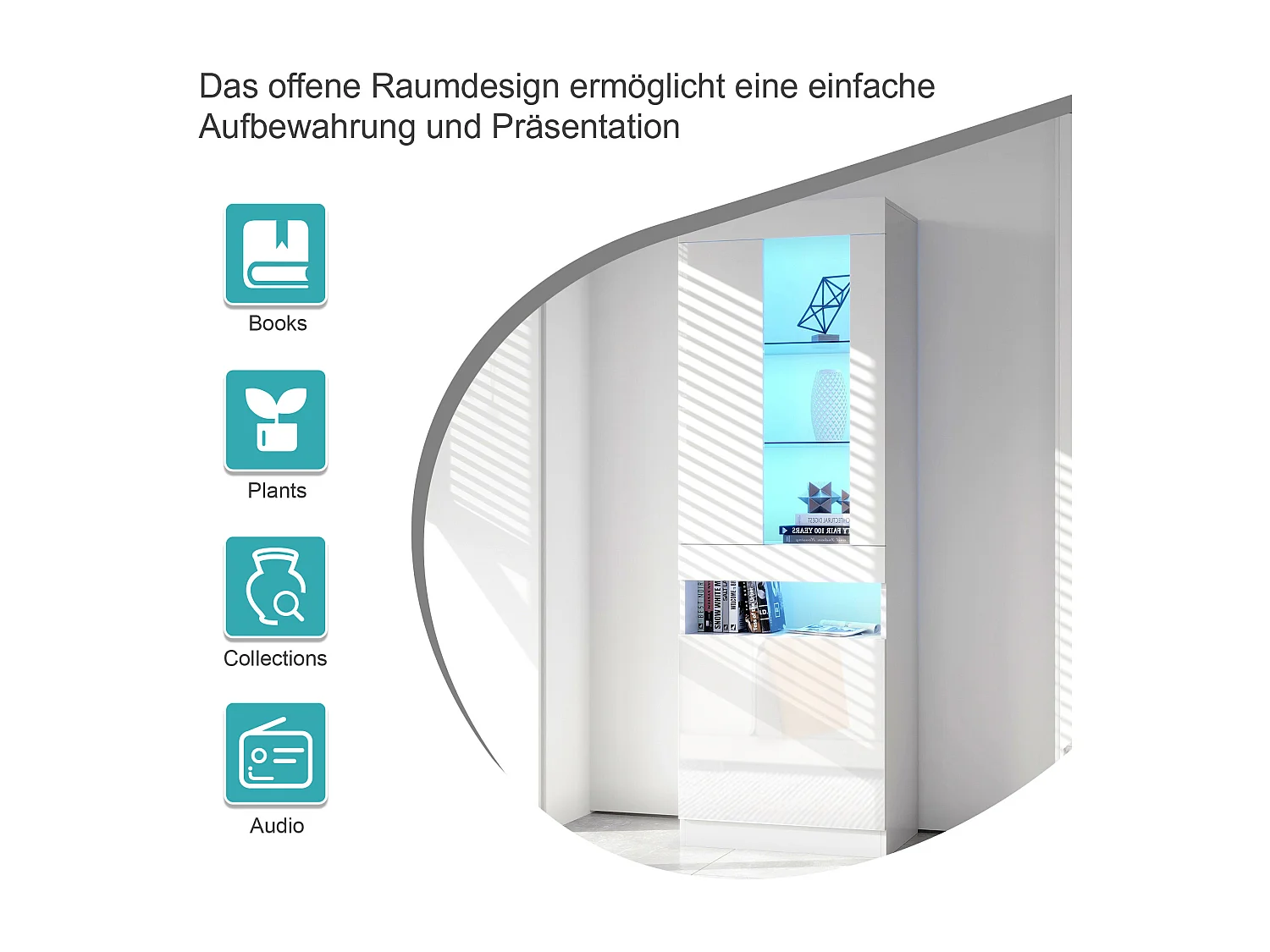 Vitrina LED con 16 colores, diseño moderno, aglomerado, blanco (50x40x180 cm)