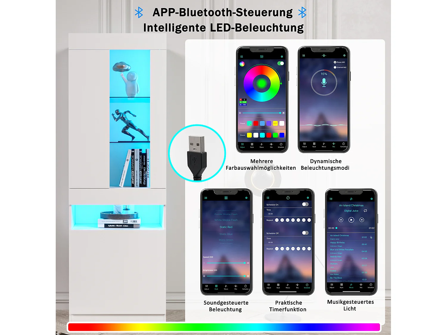 Vitrina LED con 16 colores, diseño moderno, aglomerado, blanco (50x40x180 cm)