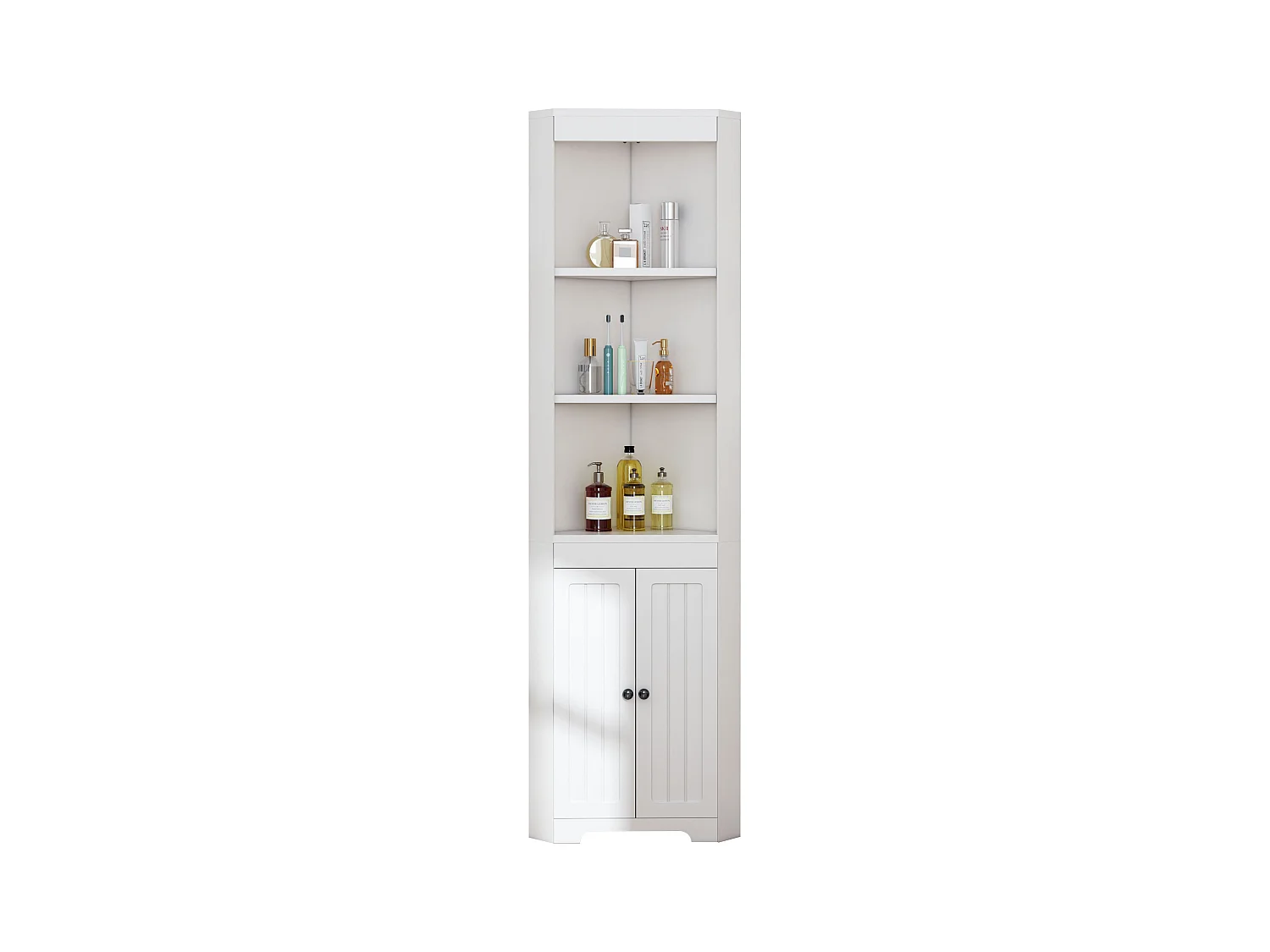 Armoire de salle de bain avec 3 étagères ouvertes, portes en verre trempé, étagères réglables, MDF peint, blanc (49.5x35x170 cm)