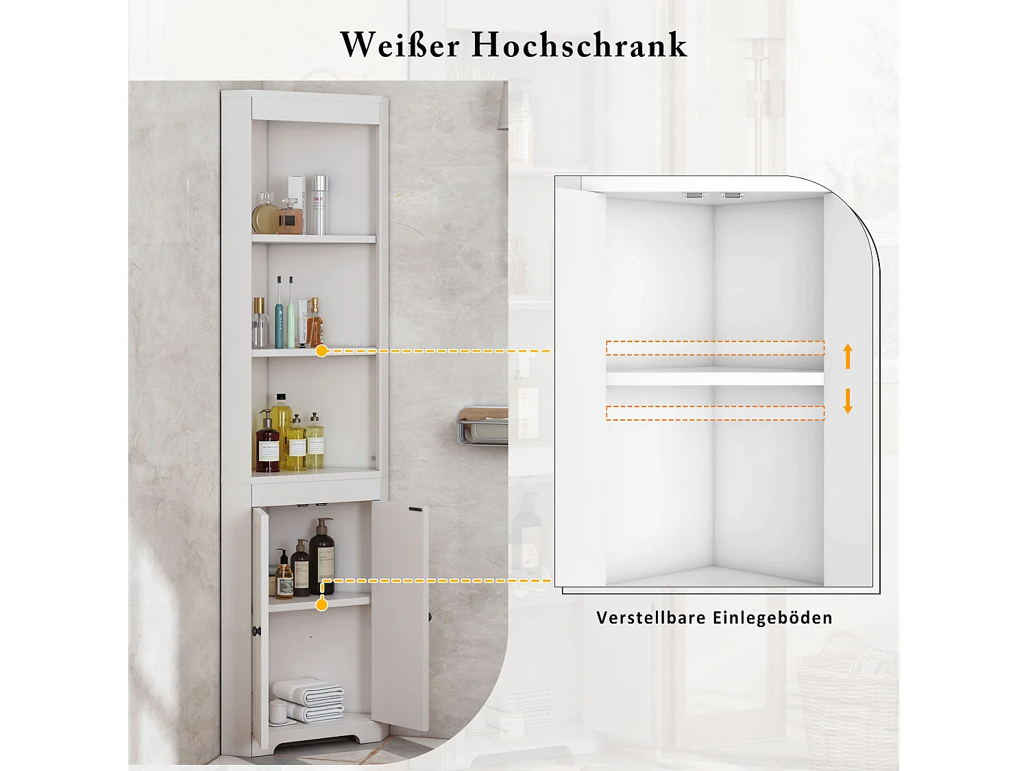 Armoire de salle de bain avec 3 étagères ouvertes, portes en verre trempé, étagères réglables, MDF peint, blanc (49.5x35x170 cm)