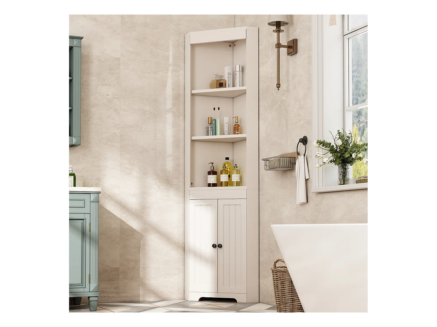 Armoire de salle de bain avec 3 étagères ouvertes, portes en verre trempé, étagères réglables, MDF peint, blanc (49.5x35x170 cm)