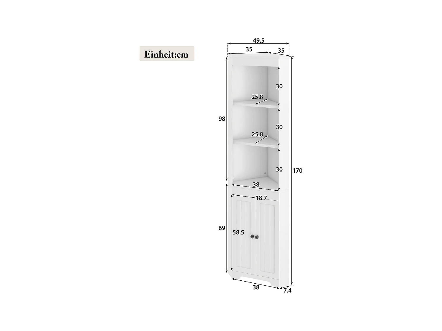 Armoire de salle de bain avec 3 étagères ouvertes, portes en verre trempé, étagères réglables, MDF peint, blanc (49.5x35x170 cm)