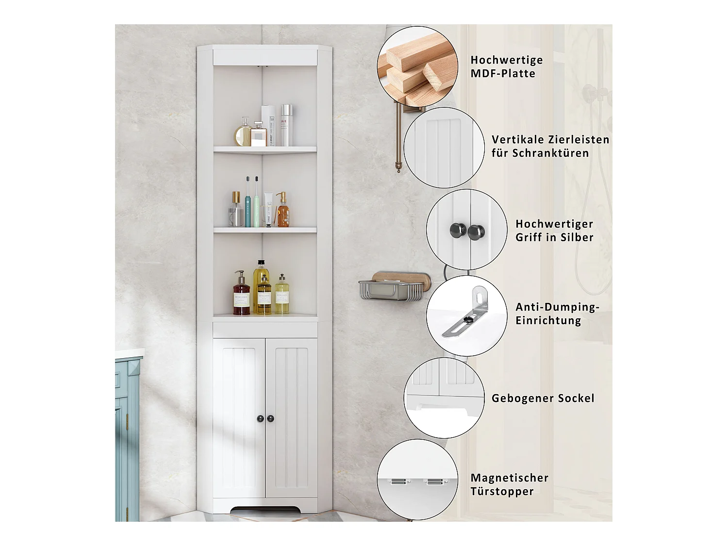 Armoire de salle de bain avec 3 étagères ouvertes, portes en verre trempé, étagères réglables, MDF peint, blanc (49.5x35x170 cm)