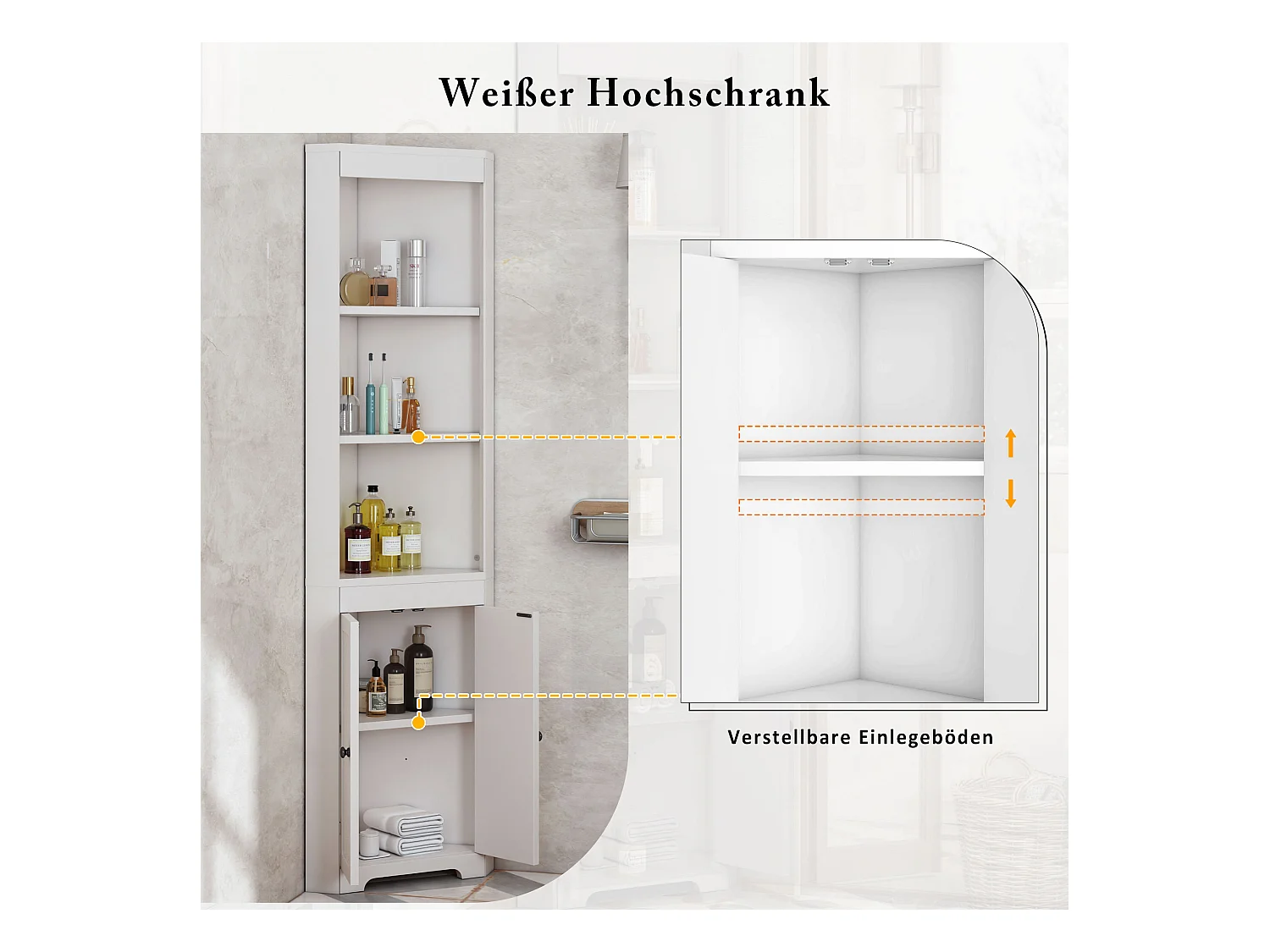 Armoire de salle de bain avec 3 étagères ouvertes, portes en verre trempé, étagères réglables, MDF peint, blanc (49.5x35x170 cm)