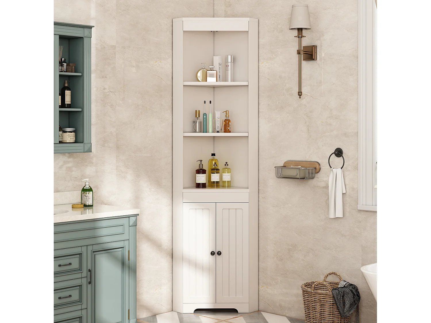 Armoire de salle de bain avec 3 étagères ouvertes, portes en verre trempé, étagères réglables, MDF peint, blanc (49.5x35x170 cm)
