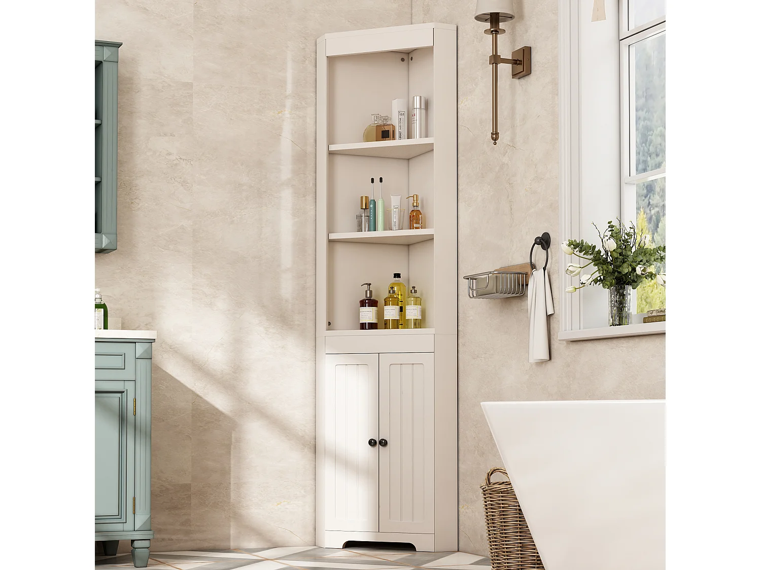 Armoire de salle de bain avec 3 étagères ouvertes, portes en verre trempé, étagères réglables, MDF peint, blanc (49.5x35x170 cm)