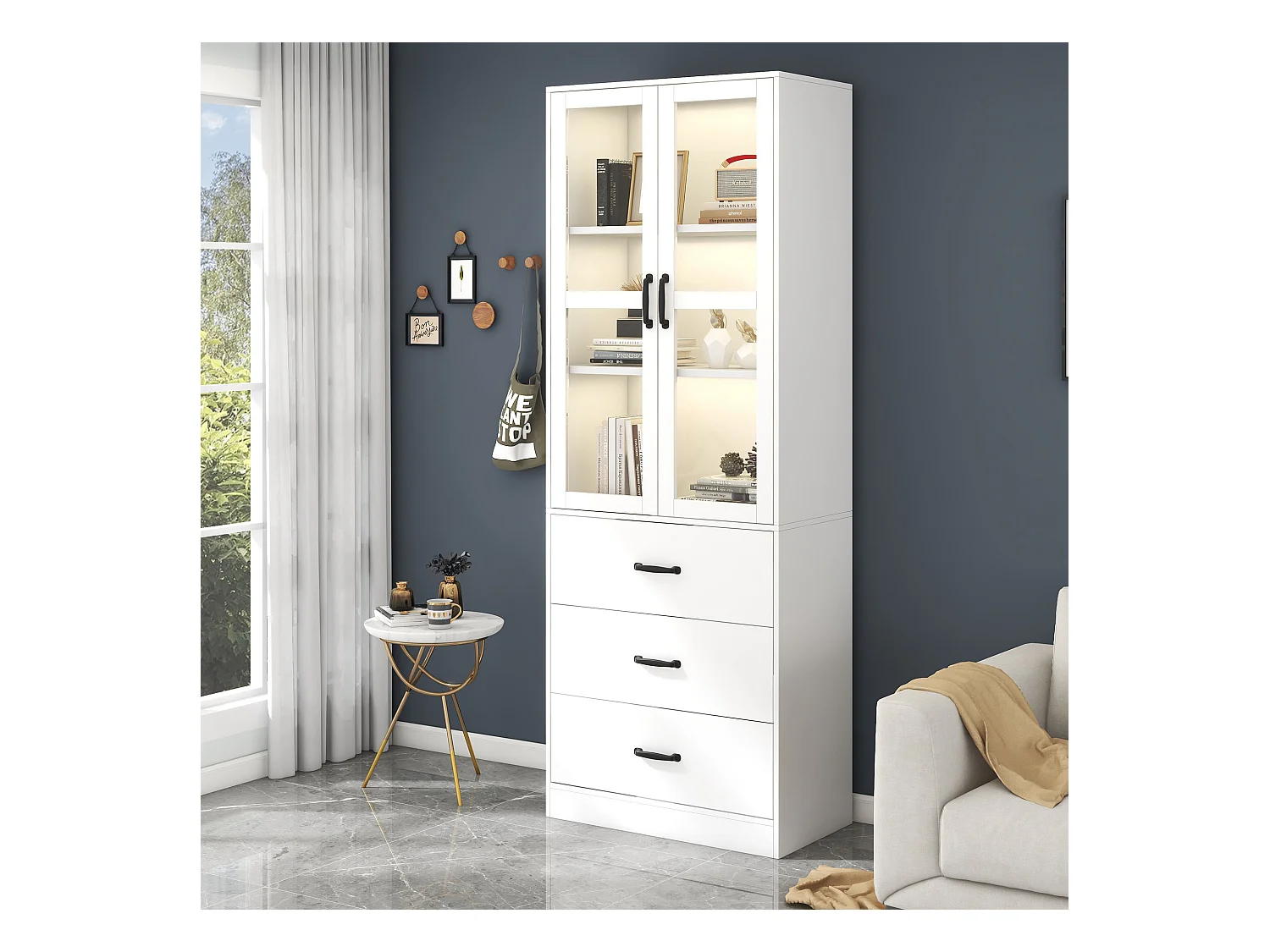 Vitrine moderne avec LED, 3 étagères réglables, portes en verre, design élégant, MDF, blanc (77.5x40x150 cm)
