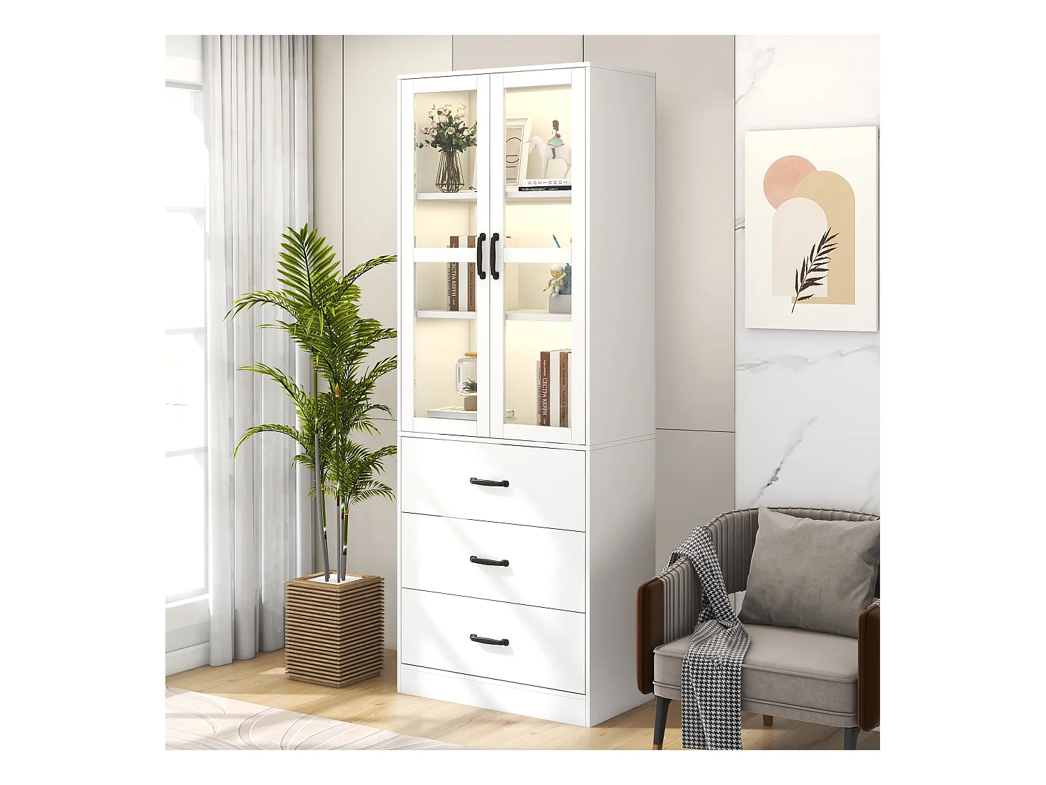Vitrine moderne avec LED, 3 étagères réglables, portes en verre, design élégant, MDF, blanc (77.5x40x150 cm)