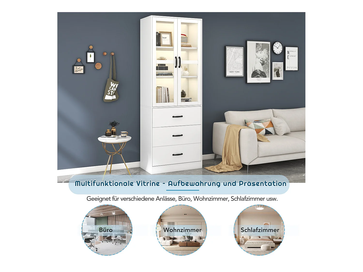 Vitrine moderne avec LED, 3 étagères réglables, portes en verre, design élégant, MDF, blanc (77.5x40x150 cm)