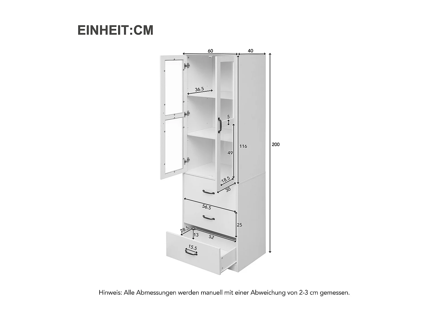 Moderne vitrinekast met LED, 3 verstelbare planken, glazen deuren, elegant design, MDF, wit (77,5x40x150 cm)