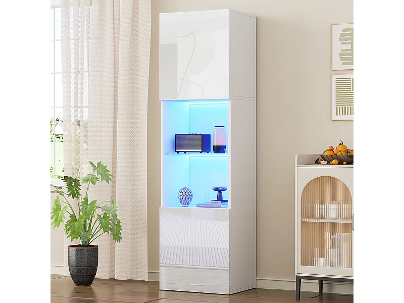 Glanzend witte vitrinekast met LED-verlichting, glazen plank, MDF, (45x35x160 cm)
