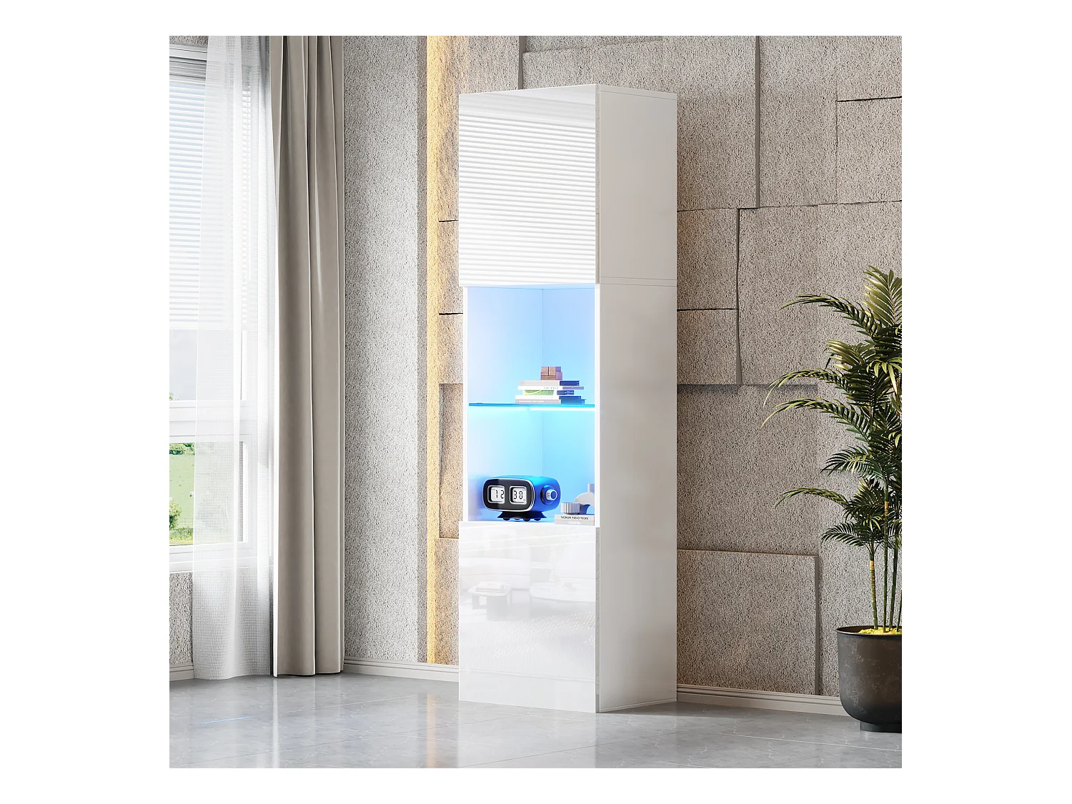 Vitrine blanche brillante avec éclairage LED, étagère en verre, MDF, (45x35x160 cm)