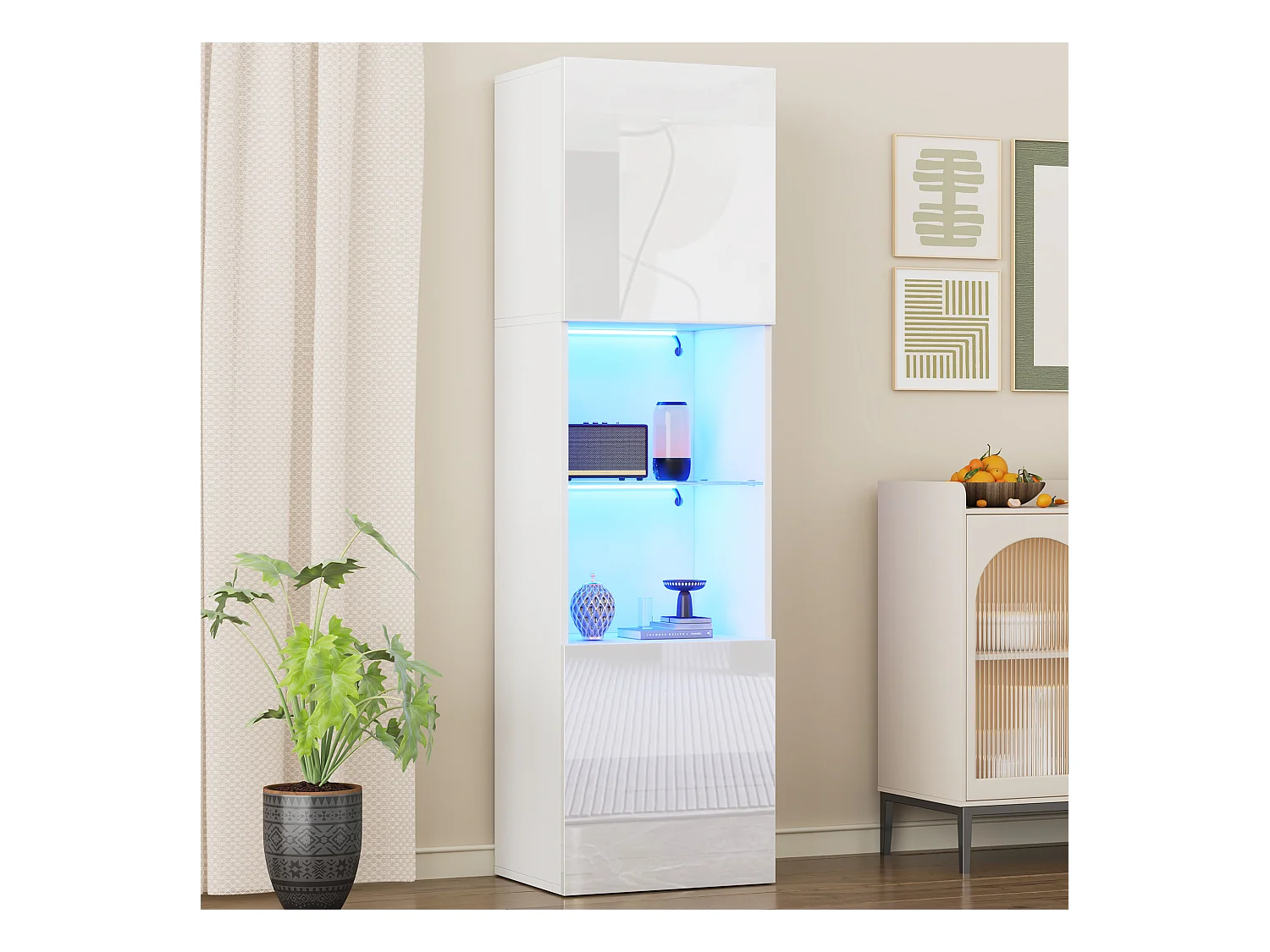 Vitrine blanche brillante avec éclairage LED, étagère en verre, MDF, (45x35x160 cm)