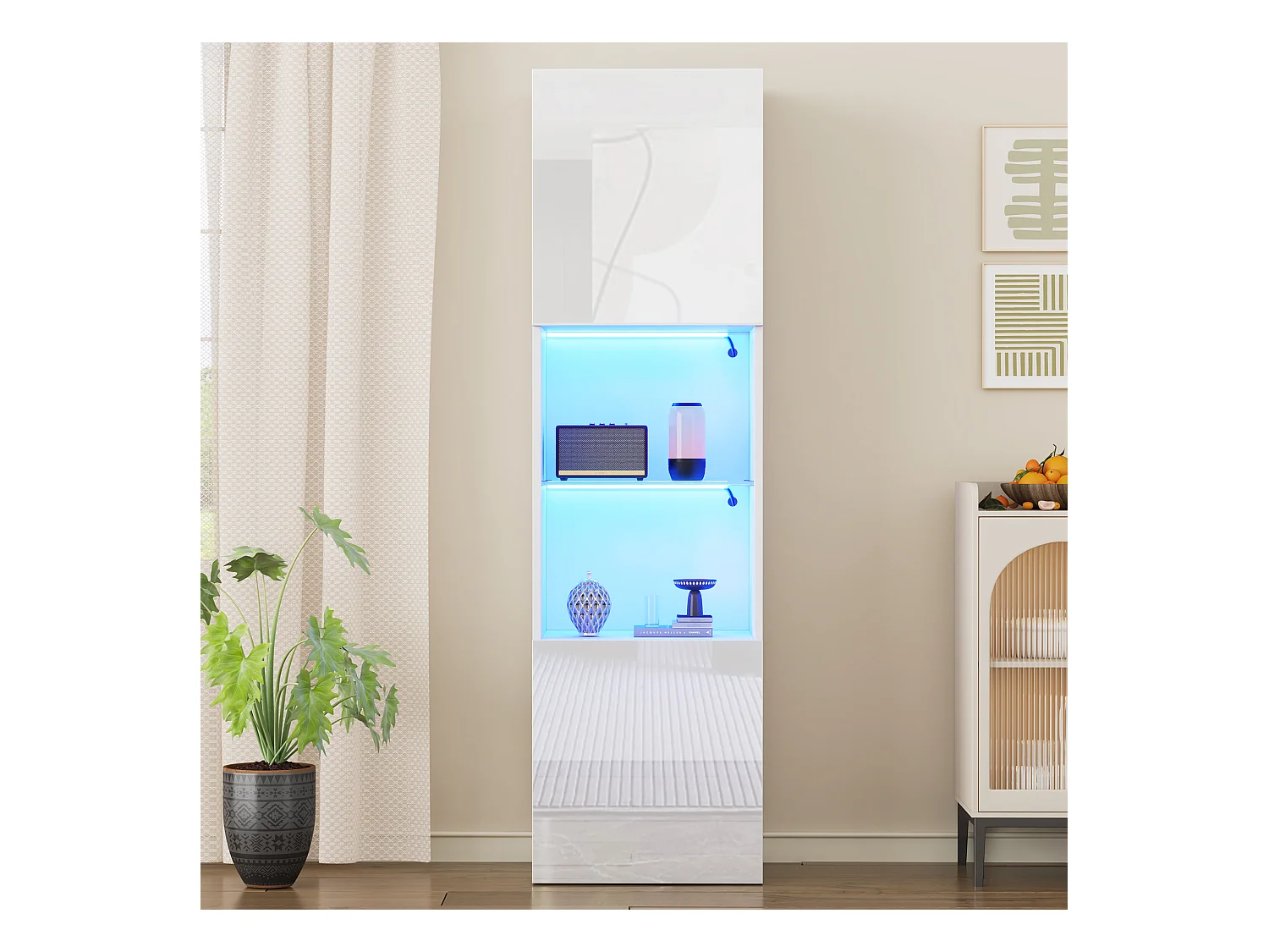 Vitrine blanche brillante avec éclairage LED, étagère en verre, MDF, (45x35x160 cm)