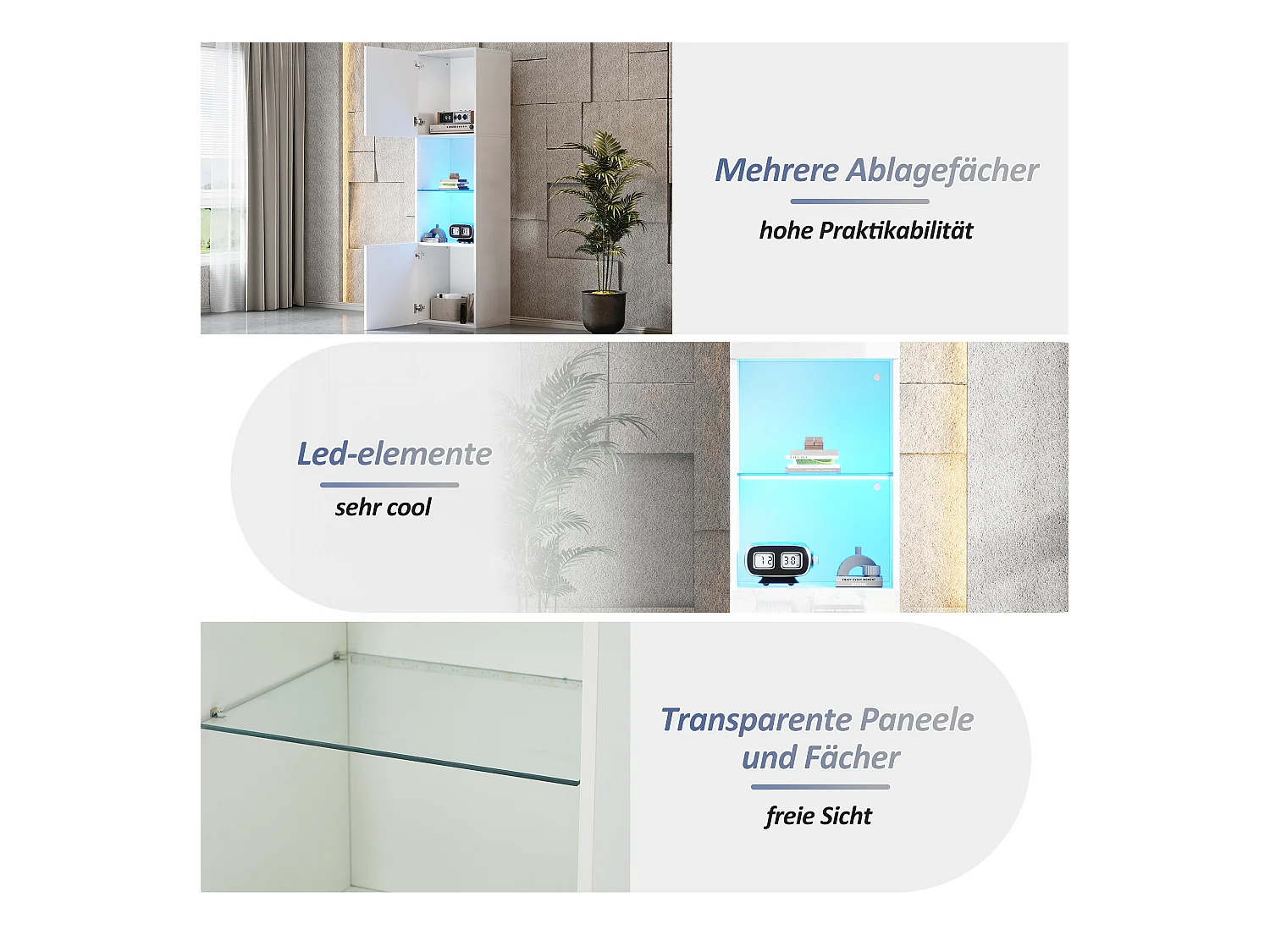 Vitrine blanche brillante avec éclairage LED, étagère en verre, MDF, (45x35x160 cm)