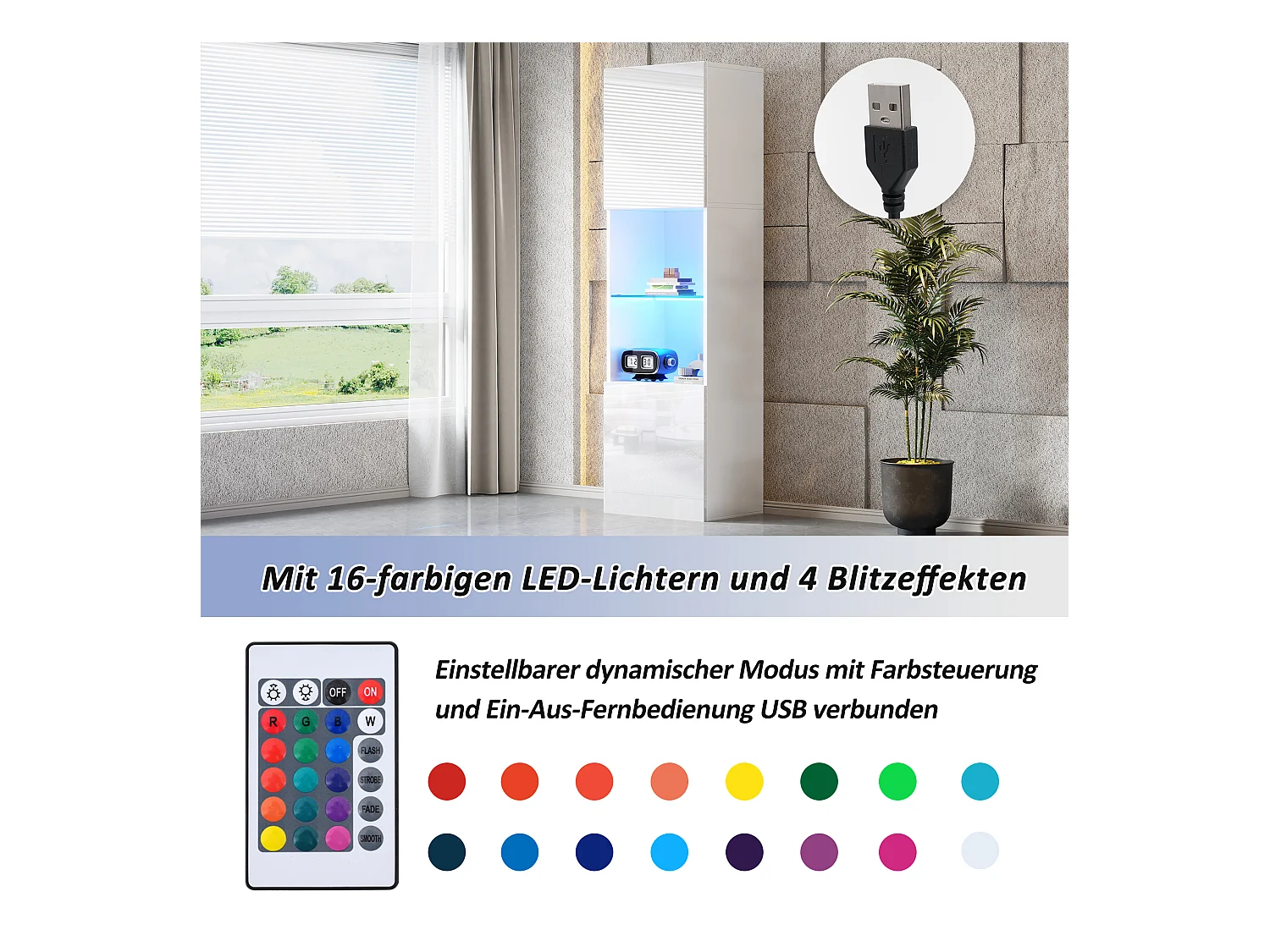 Vitrine blanche brillante avec éclairage LED, étagère en verre, MDF, (45x35x160 cm)