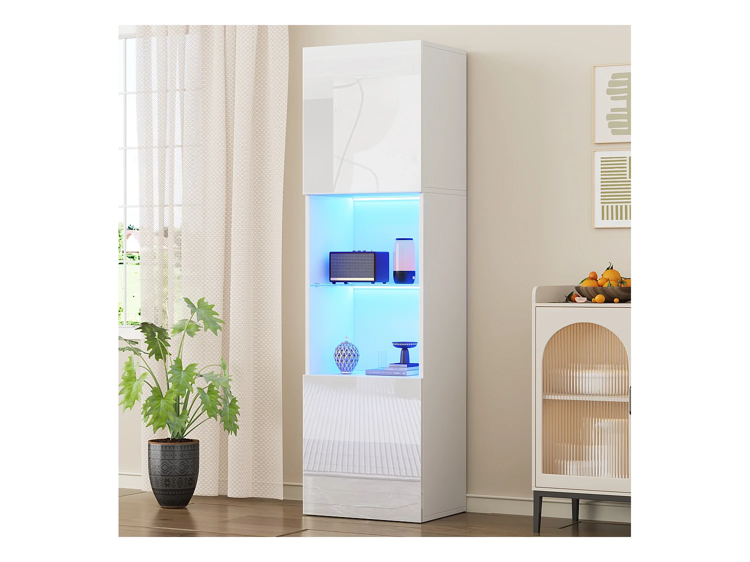 Vitrine blanche brillante avec éclairage LED, étagère en verre, MDF, (45x35x160 cm)