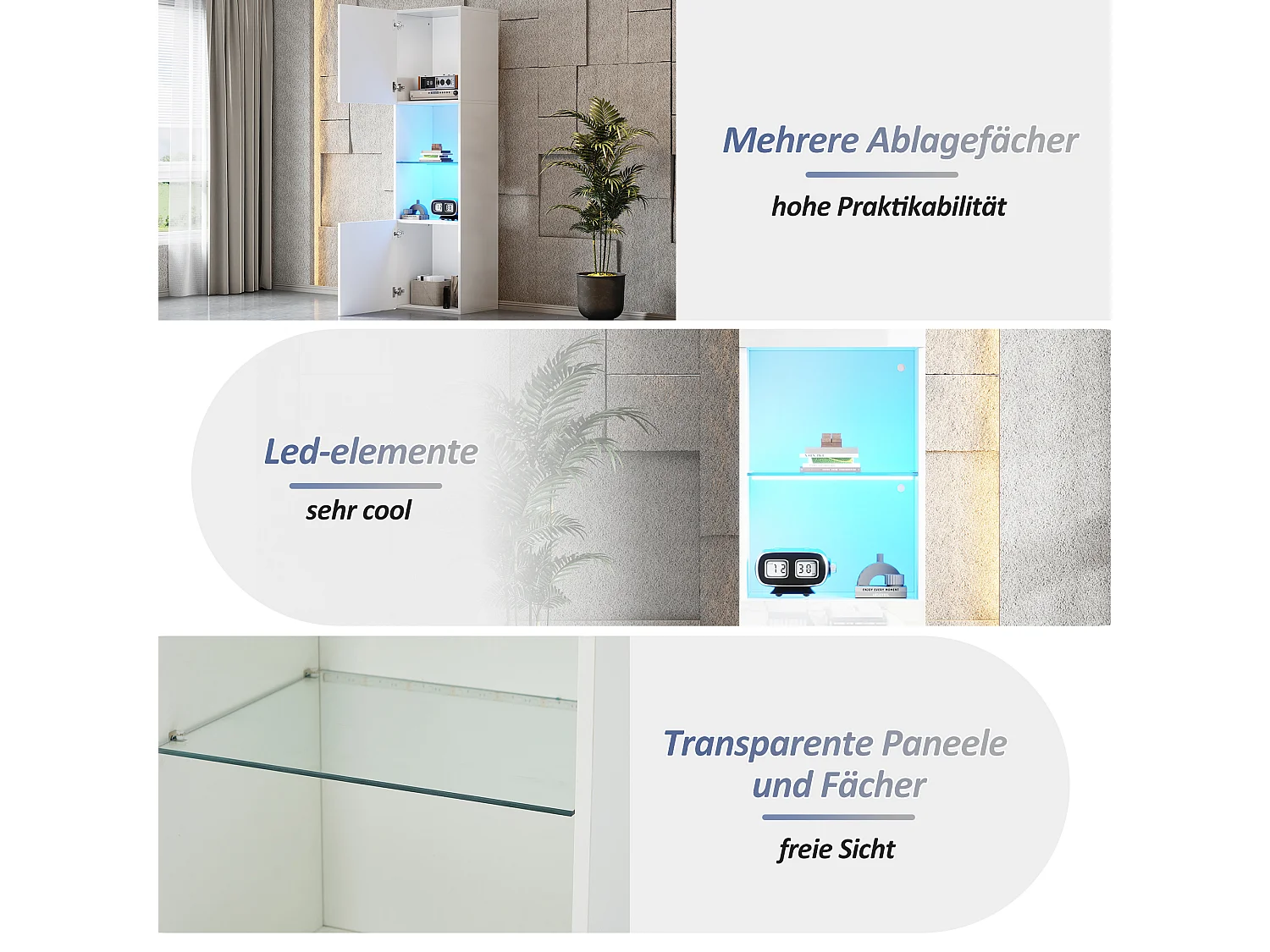 Vitrina blanca brillante con iluminación LED, estante de cristal, MDF, (45x35x160 cm)