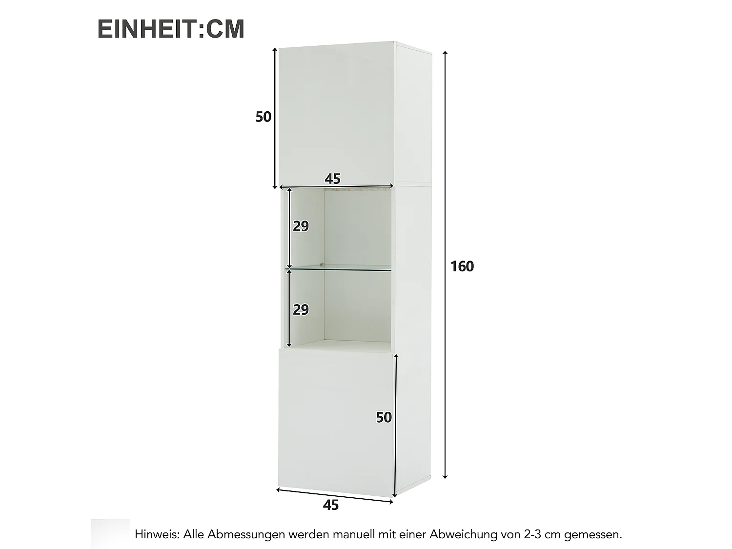 Vitrina blanca brillante con iluminación LED, estante de cristal, MDF, (45x35x160 cm)